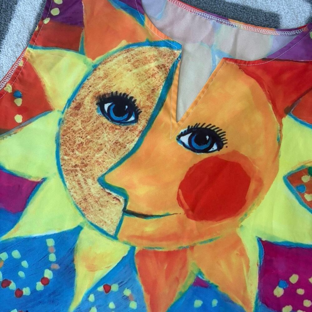 Whimsical Colorful Cat Print Shift Dress XXL Folk Art Boho Cottagecore Sun - Picture 3 of 5